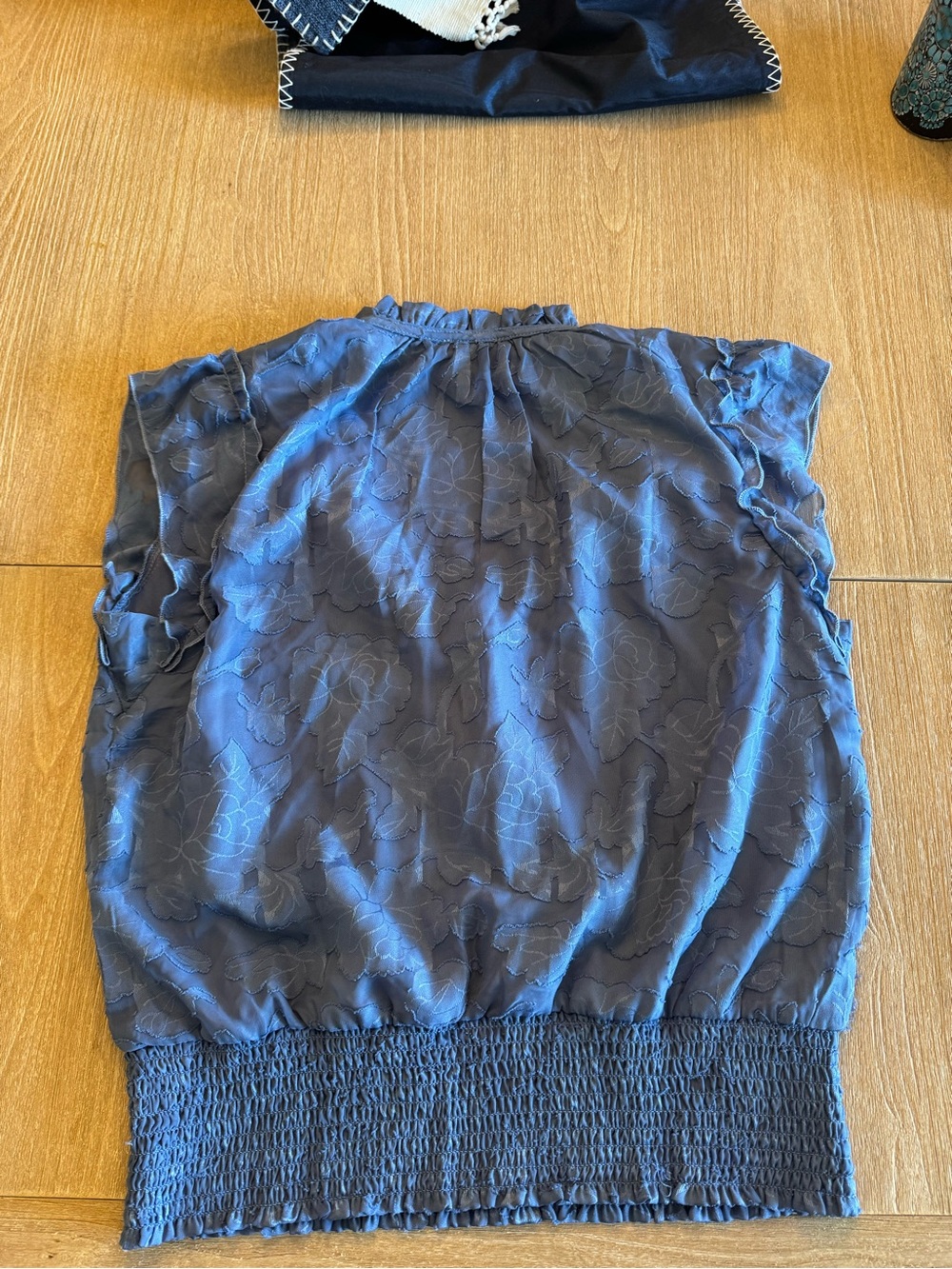 Light Blue Ruffled Neck Cap Sleeve Blouse - Picture 7 of 7